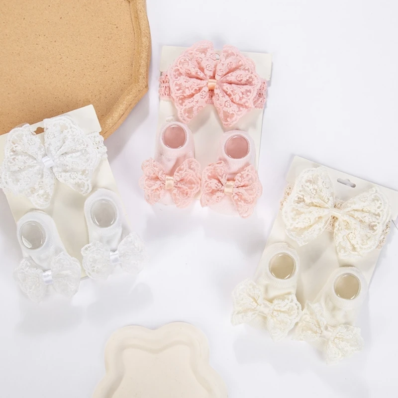 M76C Calcetines antideslizantes para bebés, tocados con lazo coordinados, diadema dulce, elásticos, esenciales para recién hasta