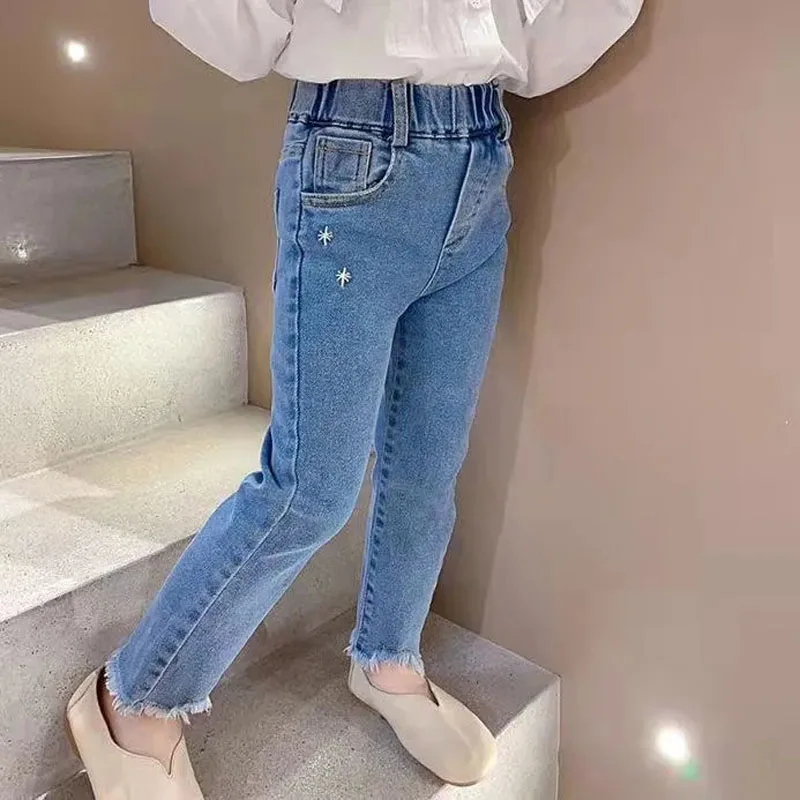 Pantalones vaqueros informales para niños, pantalones vaqueros de algodón para primavera y otoño, pantalones pitillo para niñas, pantalones vaqueros elásticos altos, pantalones vaqueros ajustados para bebés y mujeres