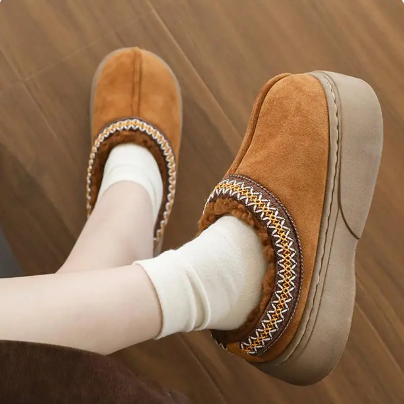 Zapatillas de algodón de estilo étnico para mujer, zapatos de plataforma que mantienen el calor, suela gruesa de felpa suave, toboganes esponjosos para el suelo de la casa - imagen 3