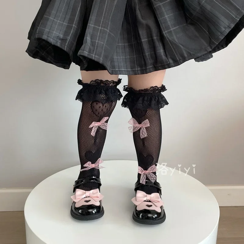 새로운 1 쌍 키즈 소녀 무릎 높은 양말 레이스 메쉬 중공 JK 송아지 프릴 양말 Monther Child Girl 여름 얇은 Breathabnle Pile - imagen 4