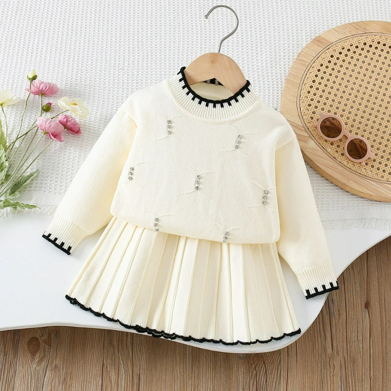 Conjunto de suéter para niños Otoño e Invierno moda Simple Color sólido tejido con cuentas elegante jersey y falda conjunto de dos piezas