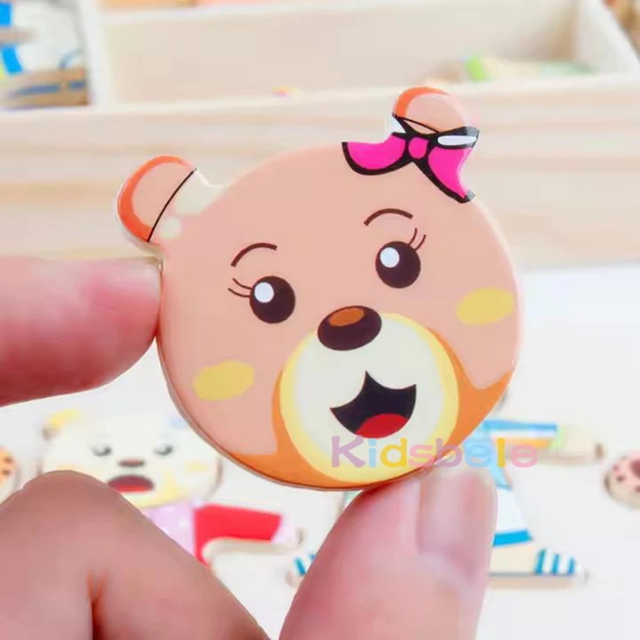 Juego de rompecabezas de vestir de conejito de madera para niños: trajes de mezcla y combinación, emociones y personajes, juguete educativo Montessori para niños pequeños - imagen 2