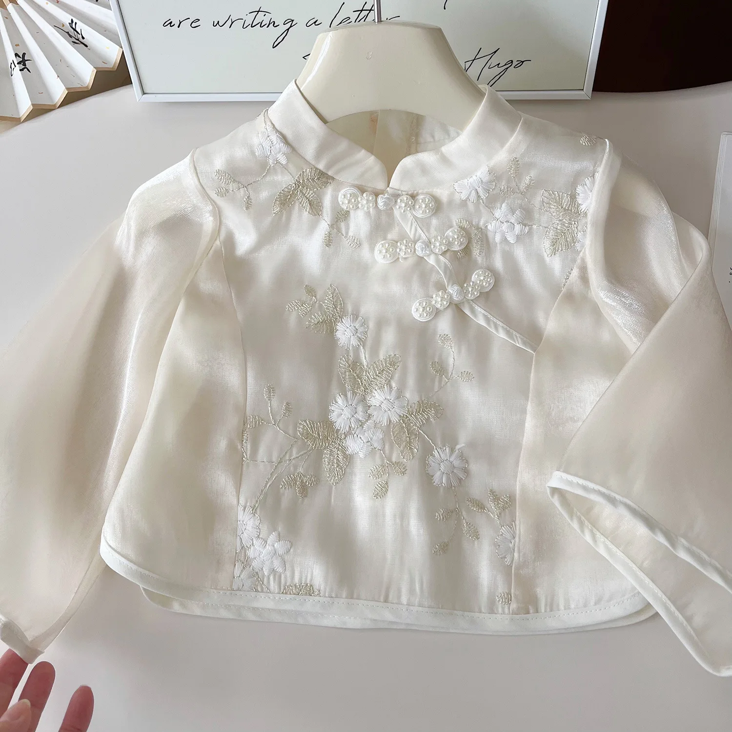 Ropa de verano de 2 piezas para niña, Tops de malla de manga larga con flores bonitas de estilo chino + falda, ropa de Boutique para niños, conjuntos para niños B071 - imagen 4