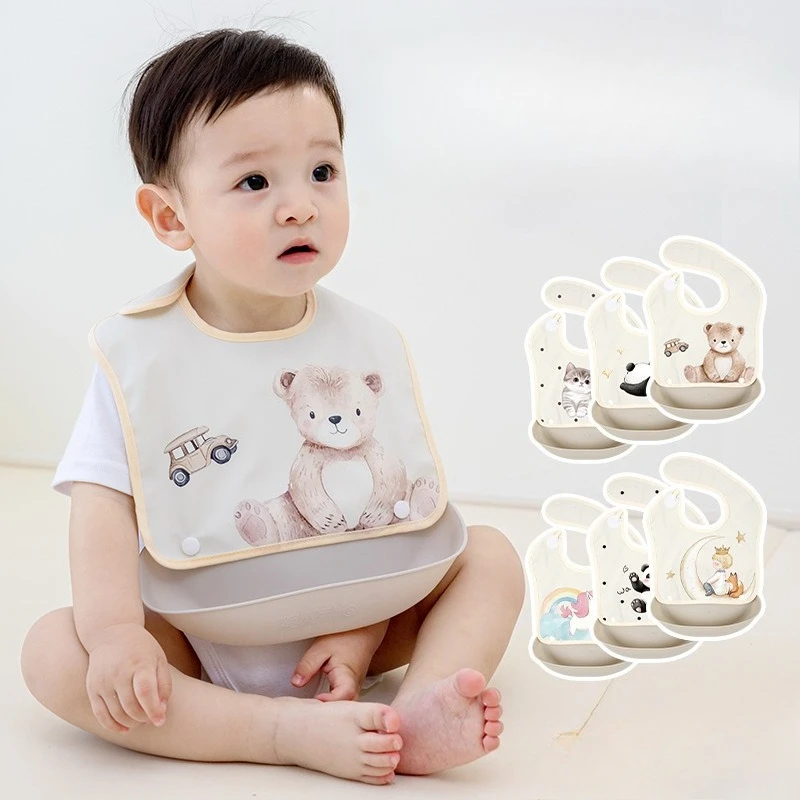 Babero de dibujos animados suave impermeable con bolsillo de arroz extraíble para bebé para comer niños y niñas babero de comida complementaria para bebé sin enjuague - imagen 5