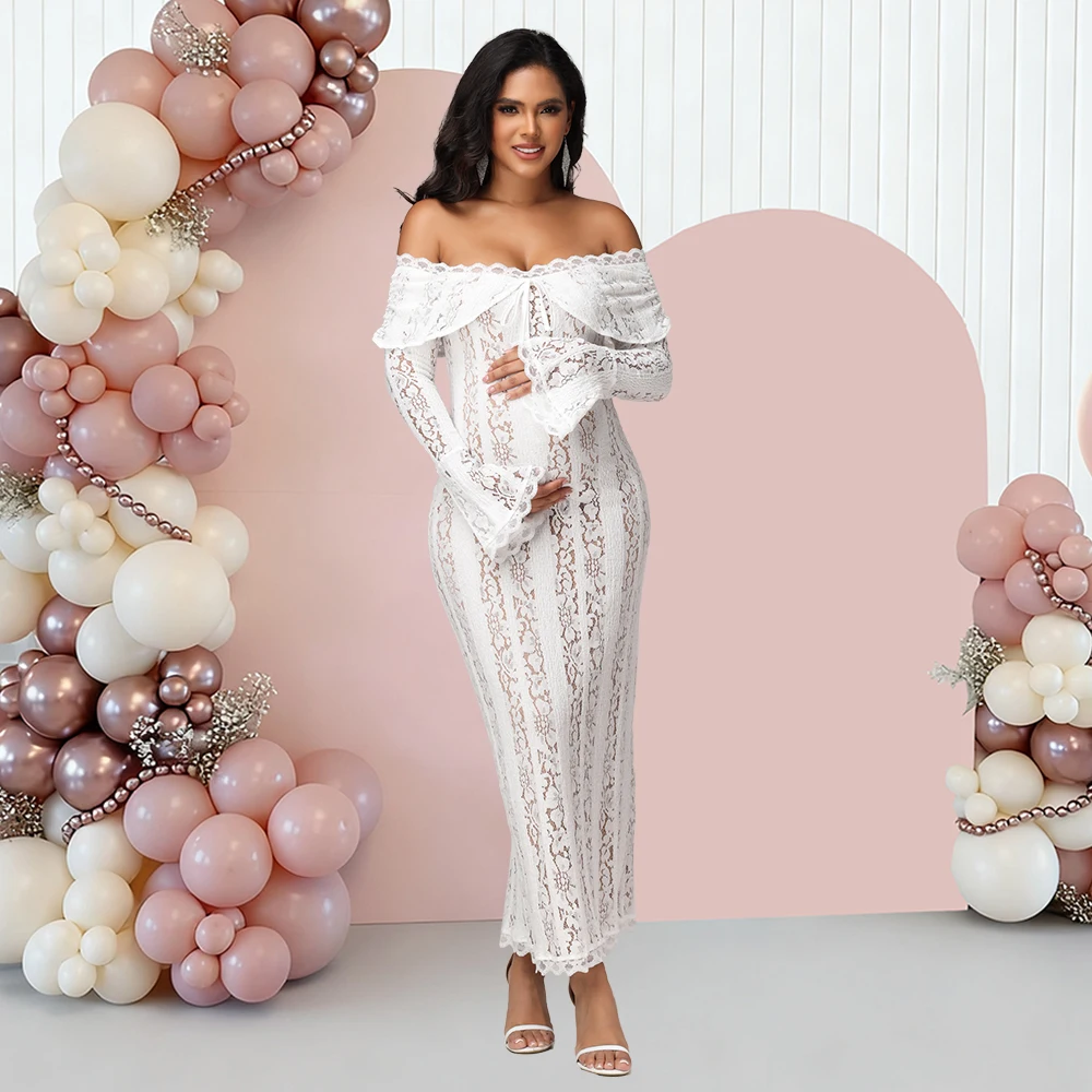 Vestido de maternidad de encaje con hombros descubiertos y manga larga - imagen 2
