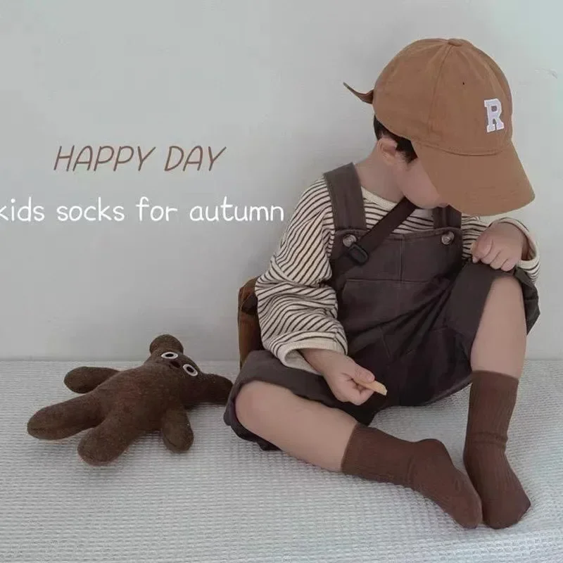 5 par/set moda deportiva niños calcetín hasta la pantorrilla para niño niña coreano Chic Beige Color café calcetín lindo otoño primavera calcetín de algodón suave - imagen 4