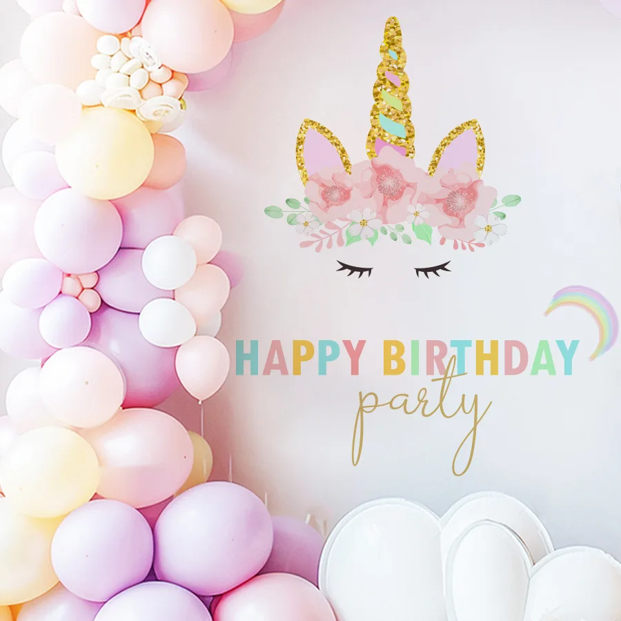 Pegatinas de pared de feliz cumpleaños, pegatinas de pared autoadhesivas de unicornio de dibujos animados de cumpleaños, pegatinas de decoración de fiesta