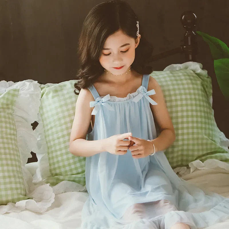 Camisón de manga corta de verano para niñas, camisón dulce y bonito de estilo Retro para niños, camisón decorativo con lazo, ropa de casa fina - imagen 3