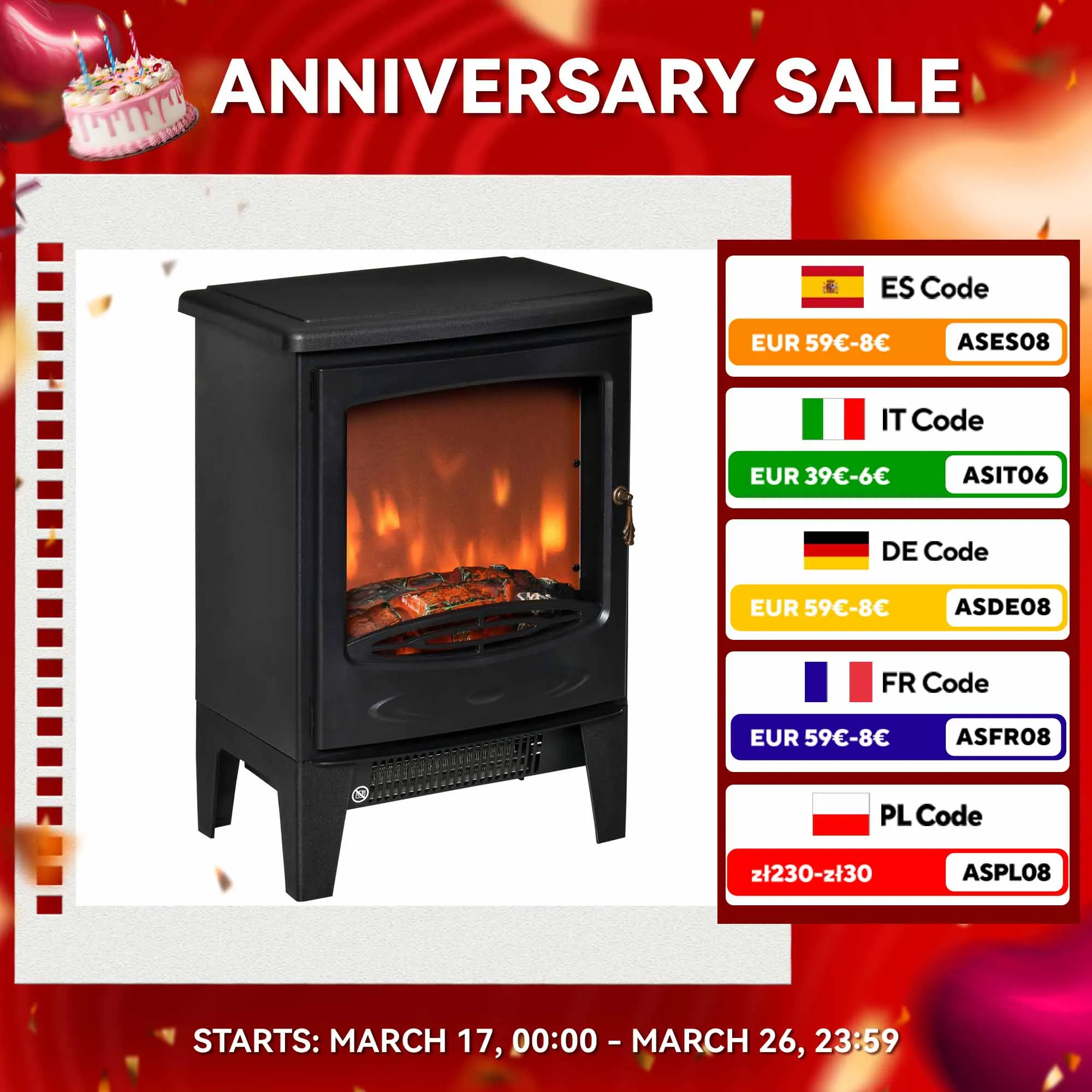 HOMCOM Chimenea eléctrica Portátil de 900/1800W con Efecto de Llama Termostato Ajustable hasta 20 m² 39x26x54,8 cm Negro