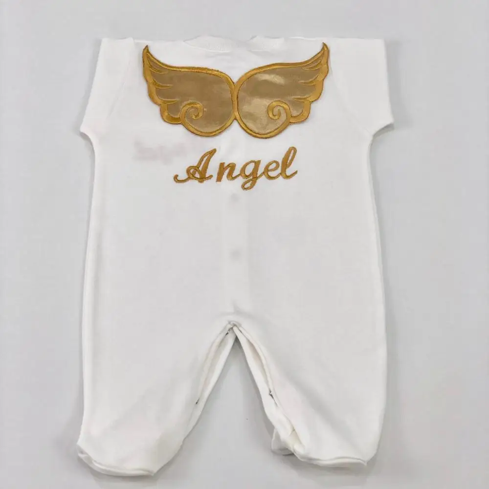 Dollbling, 4 Uds., trajes con alas, cualquier nombre, conjunto de regalo personalizado con bordado de madera dulce, pijamas para bebé, sombrero, vestido Ceremonial de bienvenida a casa - imagen 2