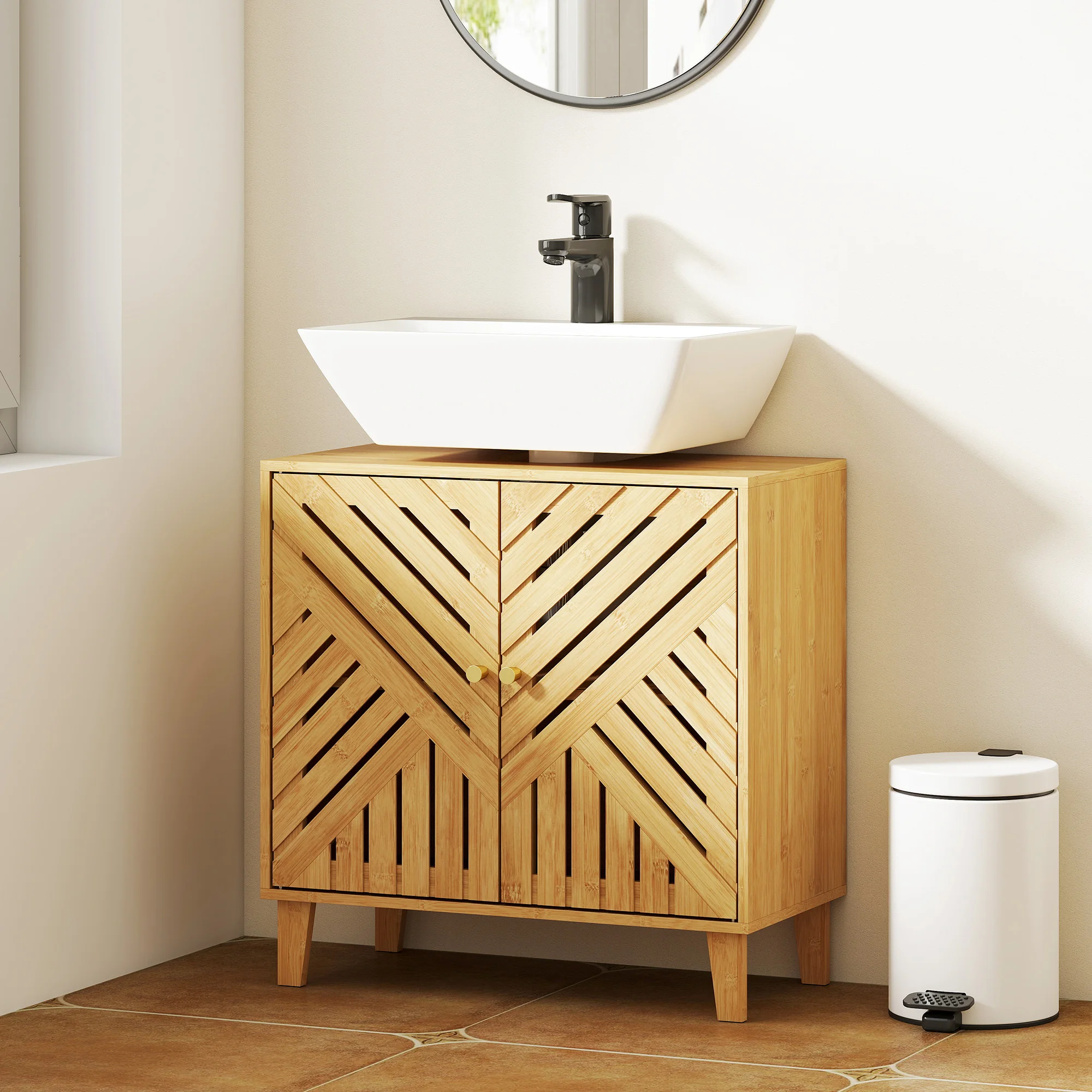 HOMCOM Mueble bajo Lavabo de Bambú Mueble de Baño con 2 Puertas Lamas y Estante Ajustable Armario de Baño para Lavabo sin Pedestal Estilo Nórdico 60x30x60 cm Natural