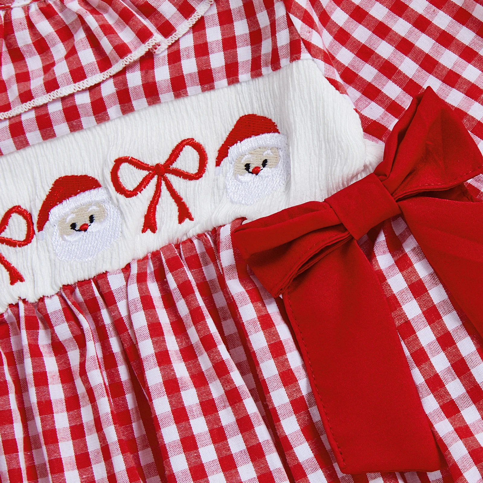 Traje de Navidad para niña de 0 a 18 meses, estampado a cuadros, bordado de Papá Noel, volantes, cuello redondo, manga larga, mameluco, diadema con lazo, 2 uds. - imagen 5