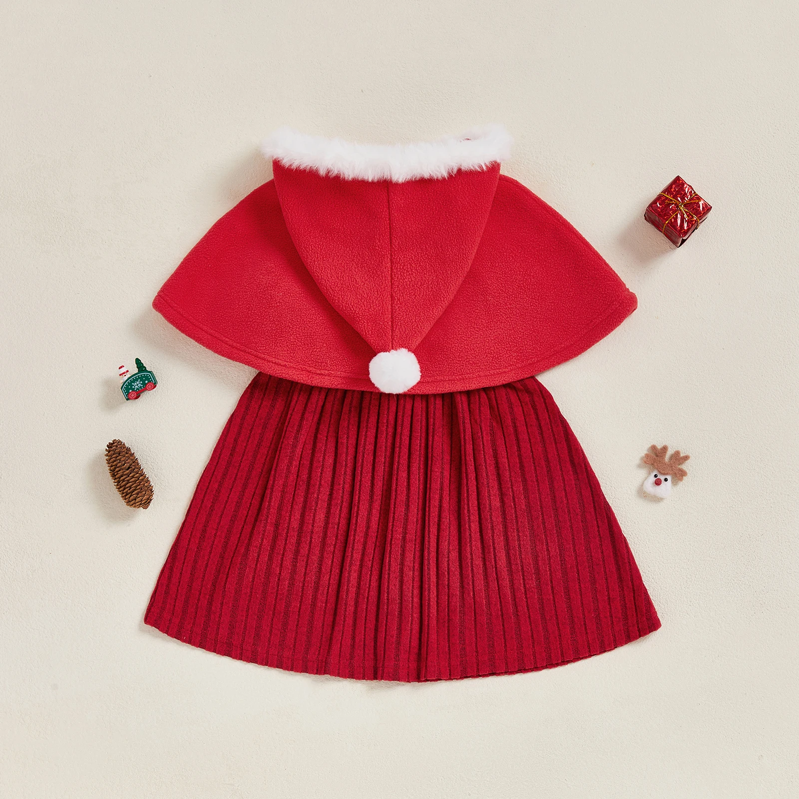 SUNSIOM Conjunto de 2 piezas de traje de Navidad para niña pequeña con lazo de bola de piel y capa con capucha y vestido sin mangas de una línea - imagen 3