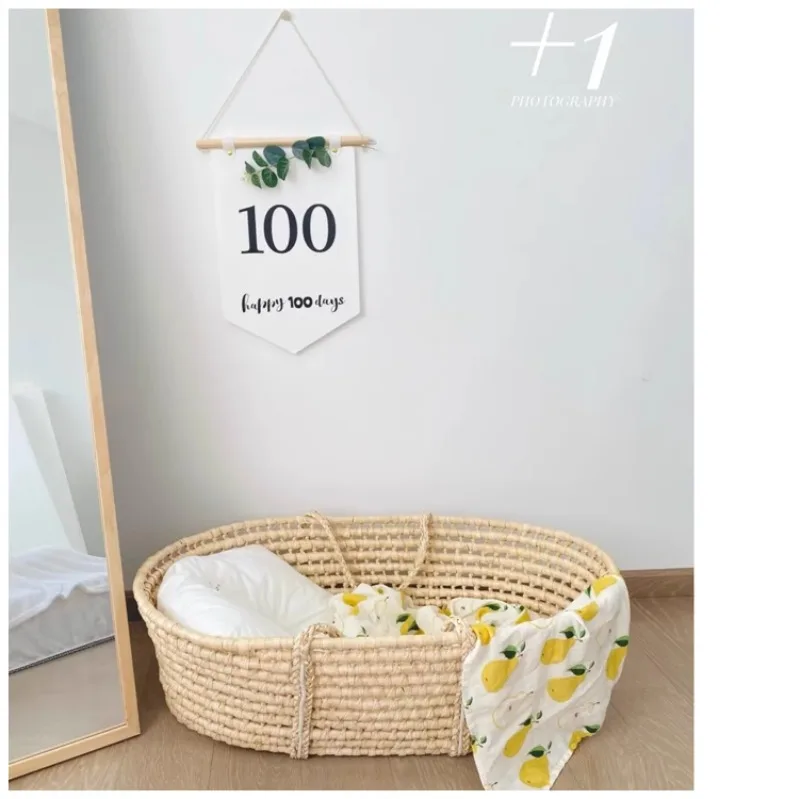 Cesta portátil de paja hecha a mano para bebé, cesta Moses para dormir, adorno de fotografía para niños, cesta para dormir