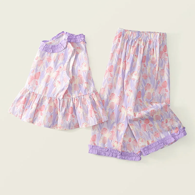 Conjunto de 2 piezas de ropa de verano para niño niña, moda coreana con estampado de flores, Tops sin mangas para bebé + Pantalones sueltos, ropa de Boutique para niño B124 - imagen 3