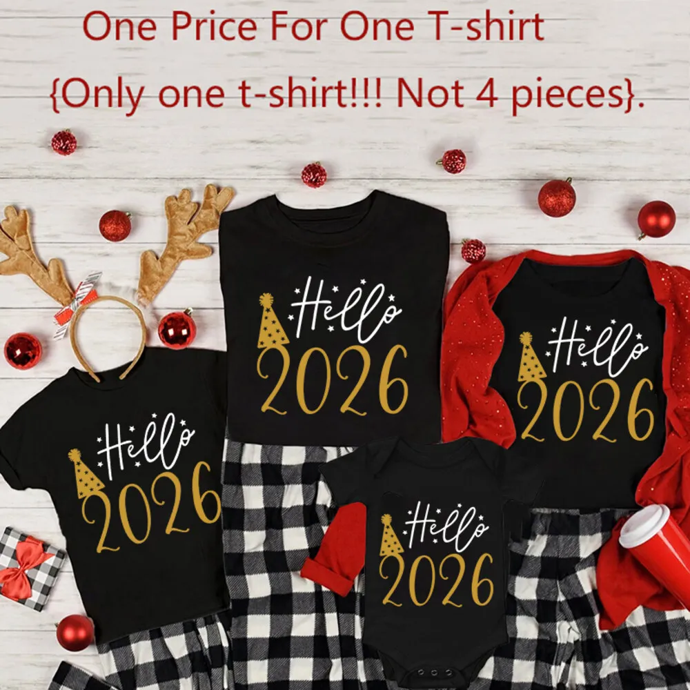Hola 2026 Feliz Año Nuevo trajes a juego para la familia papá mamá niños camisa mono de bebé familia camiseta fiesta de vacaciones ropa familiar - imagen 3