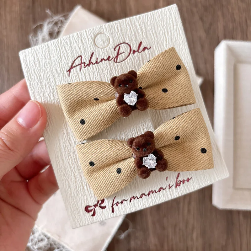 Korean Polka Dot Hair Clips for Girls Bow Flocked Bear Side Hair Clips Set Cute Children's Hair Accessories Non-Slip Grip Clips - imagen 2
