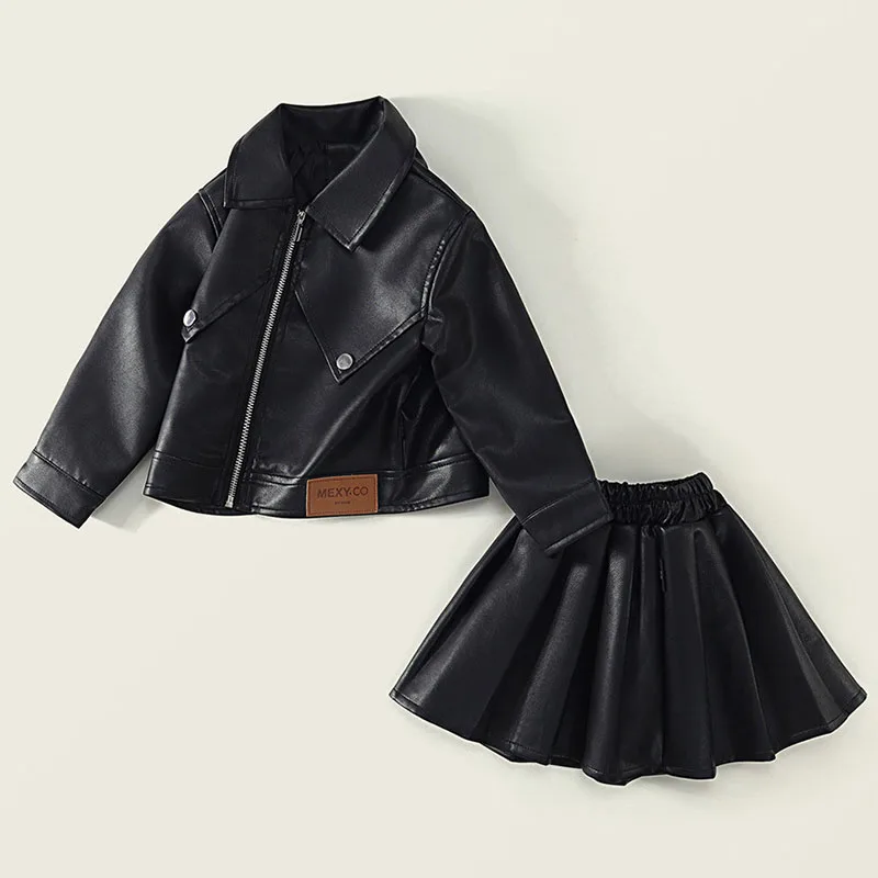 Conjuntos de trajes de otoño para niñas, moda coreana, Tops de manga larga de PU negros para bebés + falda, ropa de Boutique para niños, ropa para niños B300, 2 uds. - imagen 3