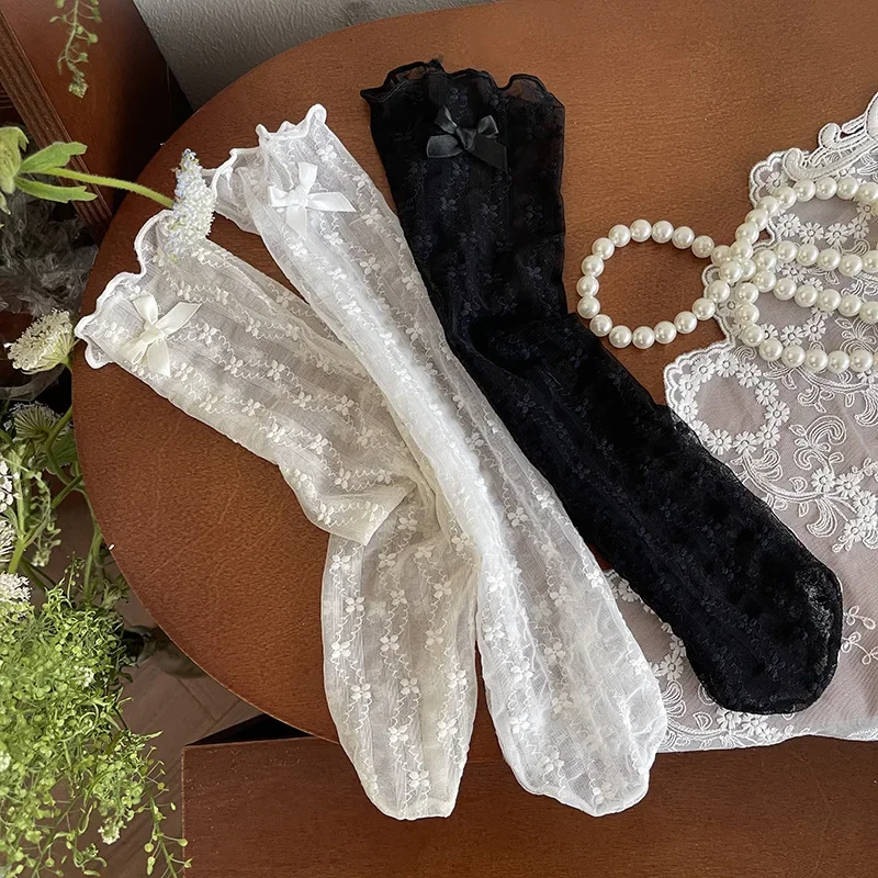 2 pares de calcetines transparentes de encaje con flores para niños y niñas, calcetines de Jacquard con lazo Floral dulce, calcetines escolares ligeros y transpirables a la moda - imagen 3