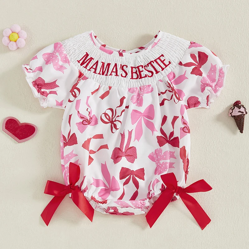 Suefunskry Body para niña con estampado de lazo bordado y letras, cuello redondo, manga corta, mameluco infantil
