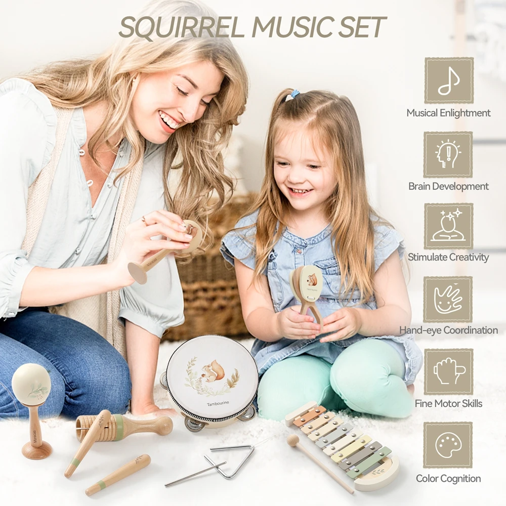 Juguetes musicales para bebés, juegos de instrumentos musicales de madera Montessori para niños, ardilla, Maracas, tambor, xilófono, Sensor de educación temprana, juego de juguetes - imagen 5