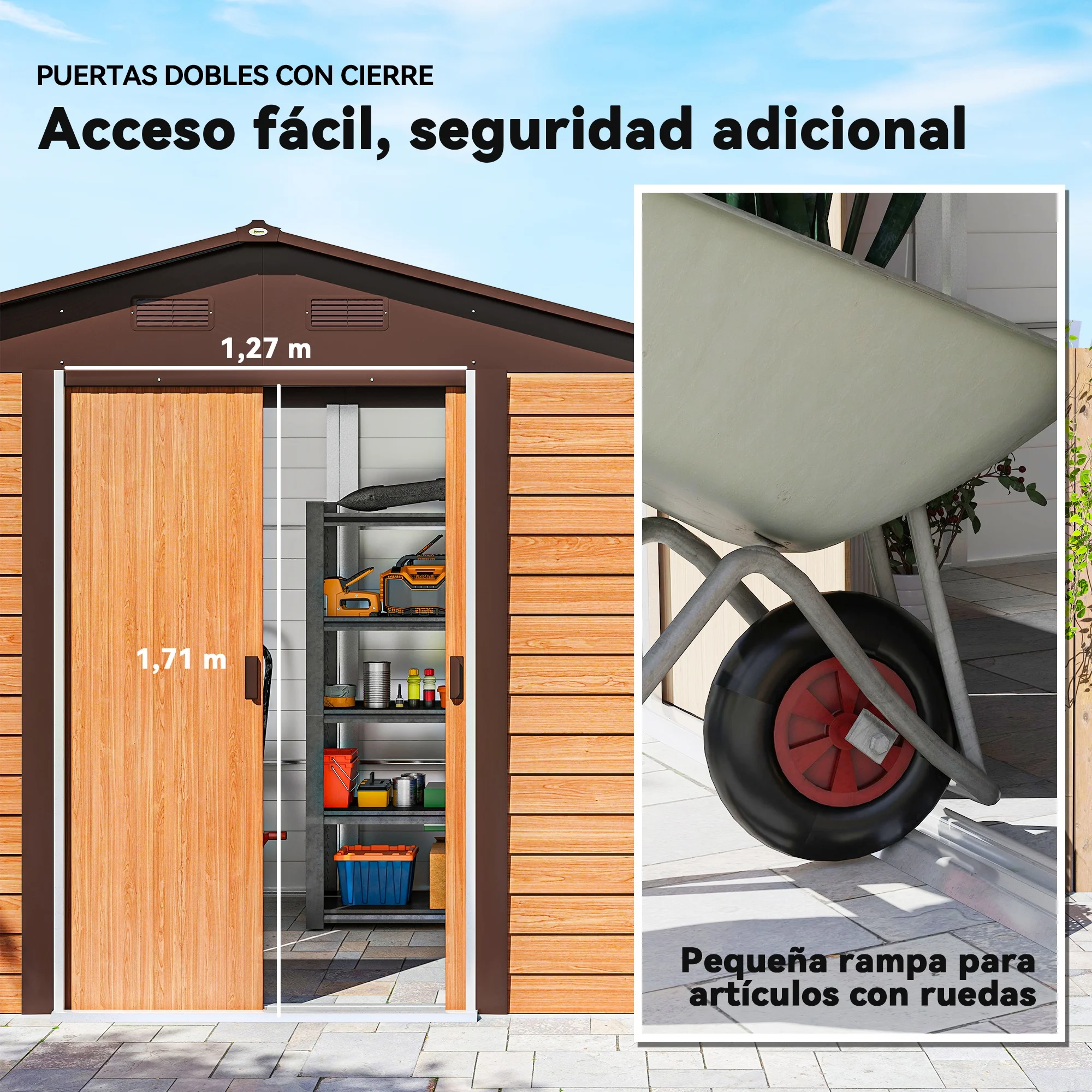 Outsunny Caseta de Jardín Exterior 4,84 m² 278x195x215 cm Cobertizo de Jardín Exterior Metálica con 2 Puertas Corredizas y 4 Ventanas para Almacenamiento de Herramientas Efecto Madera Natural y Café - imagen 5