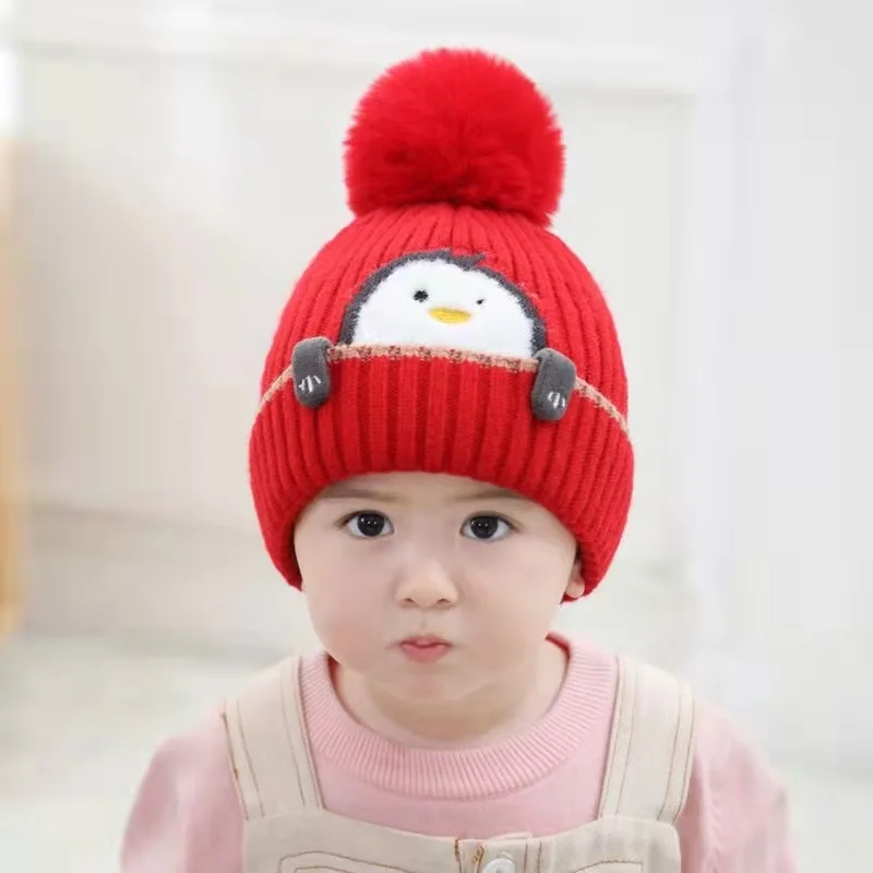 Pingüino, gorro de Jacquard tejido acrílico Unisex, bufanda para bebé con pompón de piel para niños, conjunto de gorro de viaje para invierno cálido - imagen 4