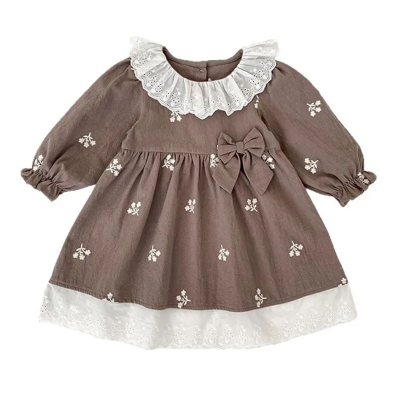 Vestido de primavera y otoño para niñas de estilo coreano: mameluco de manga larga, cuello de encaje y bordado de moda, ¡suave para la piel para niños pequeños! - imagen 2
