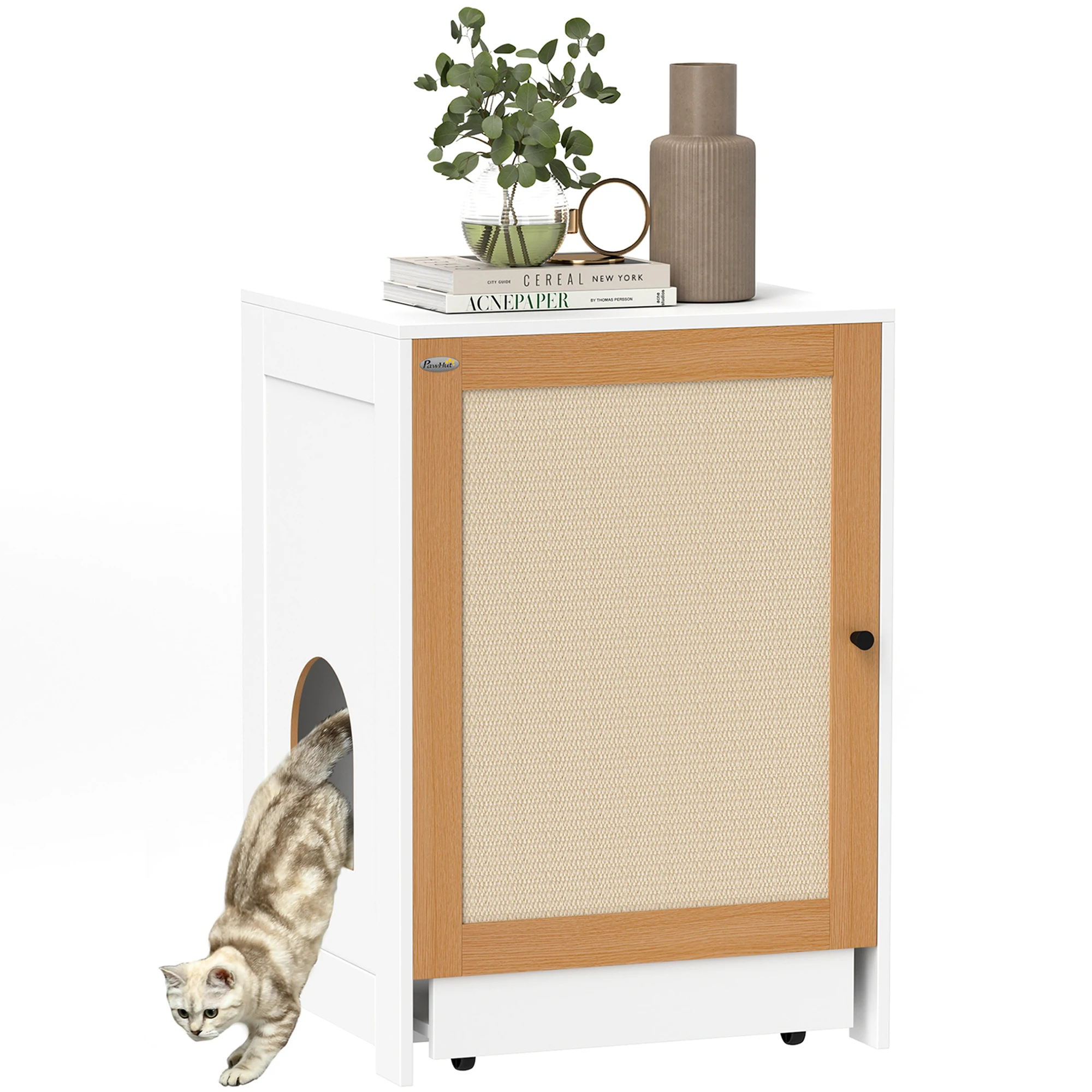 PawHut Arenero para Gatos Mueble Arenero para Gatos con Bandeja Extraíble Compartimentos Ruedas y Tapete para Rascar Caja de Arena para Gatos para Interior 57x50x80,5 cm Blanco y Roble