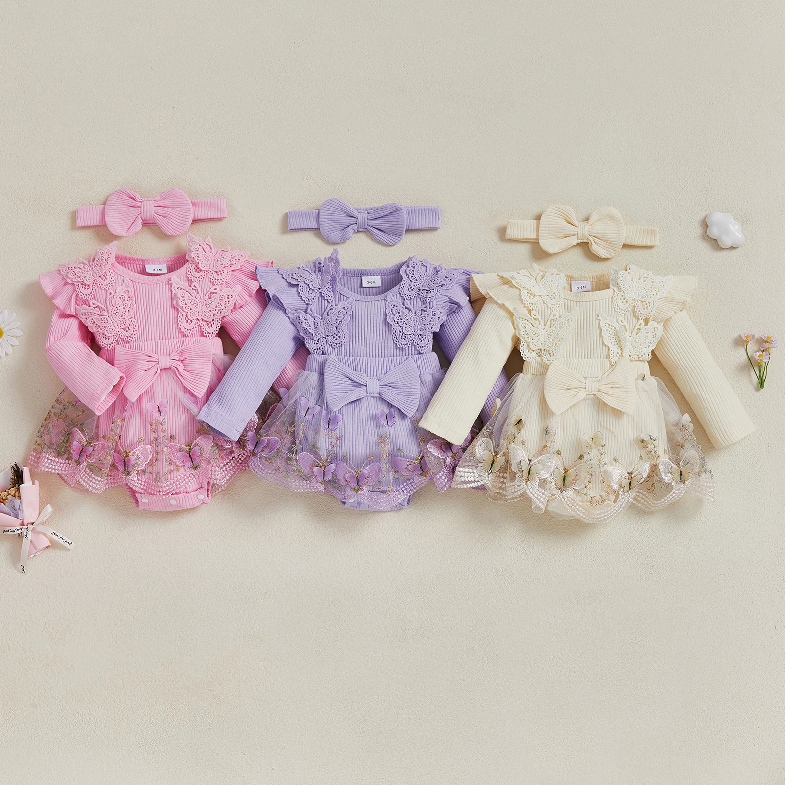 Conjunto de niña recién nacida de manga larga, cuello redondo, bordado de mariposa, vestido mameluco acampanado con diadema con lazo, ropa - imagen 2