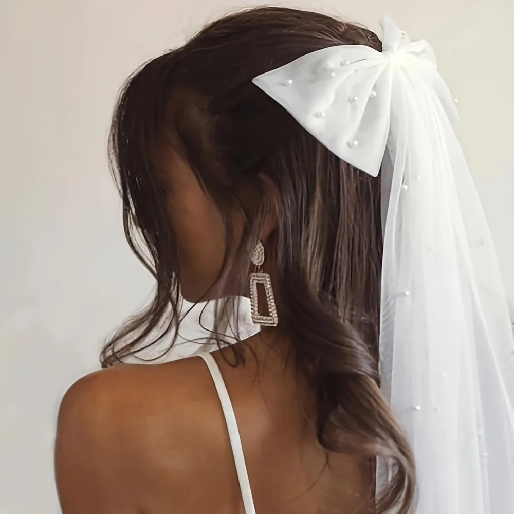 Velo de novia con clip de tul blanco y perlas de imitación - imagen 4