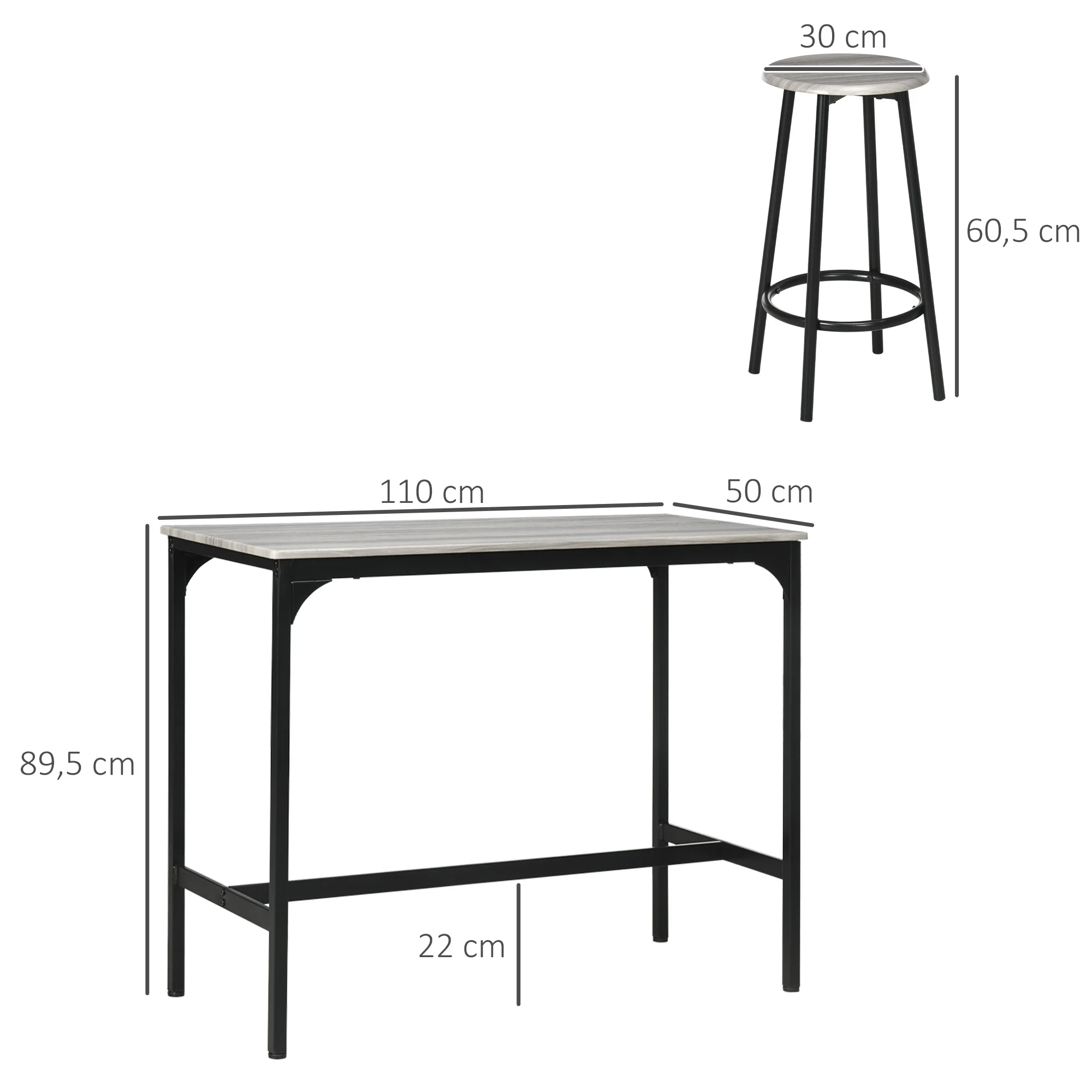 HOMCOM Conjunto de Mesa Alta de Bar y 4 Taburetes Mesa Alta de Cocina con Taburetes Estilo Industrial Marco de Metal para Salón Gris y Negro - imagen 3