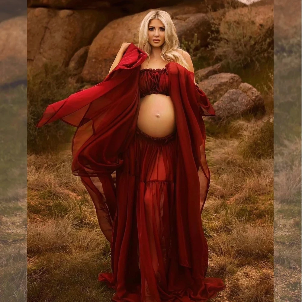 Vestido maternity largo de gasa con volantes – Hombros descubiertos - imagen 3