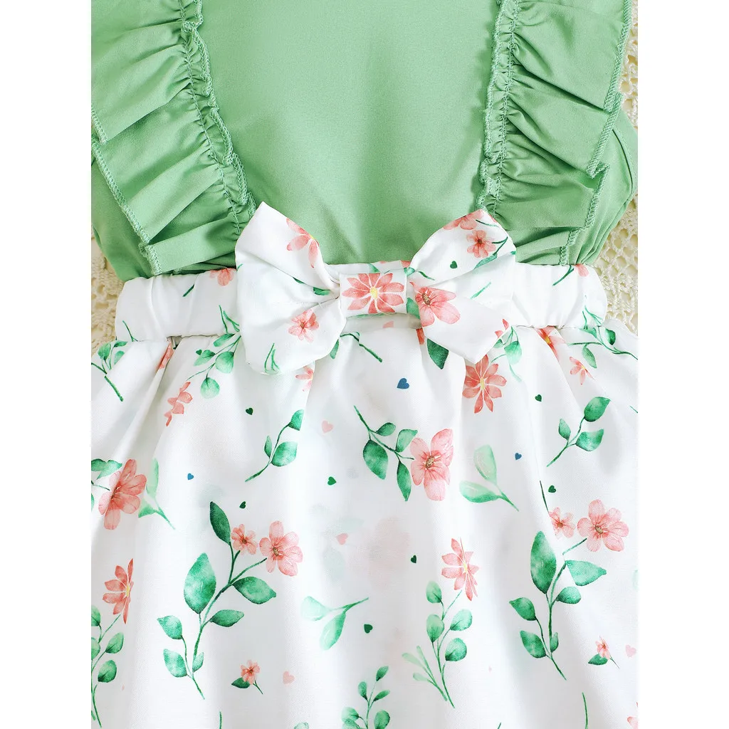 Body + sombreros para niña recién nacida, vestido Floral verde sin mangas con volantes, vestidos bonitos para niña de 1 a 12 meses, 2 uds. - imagen 4