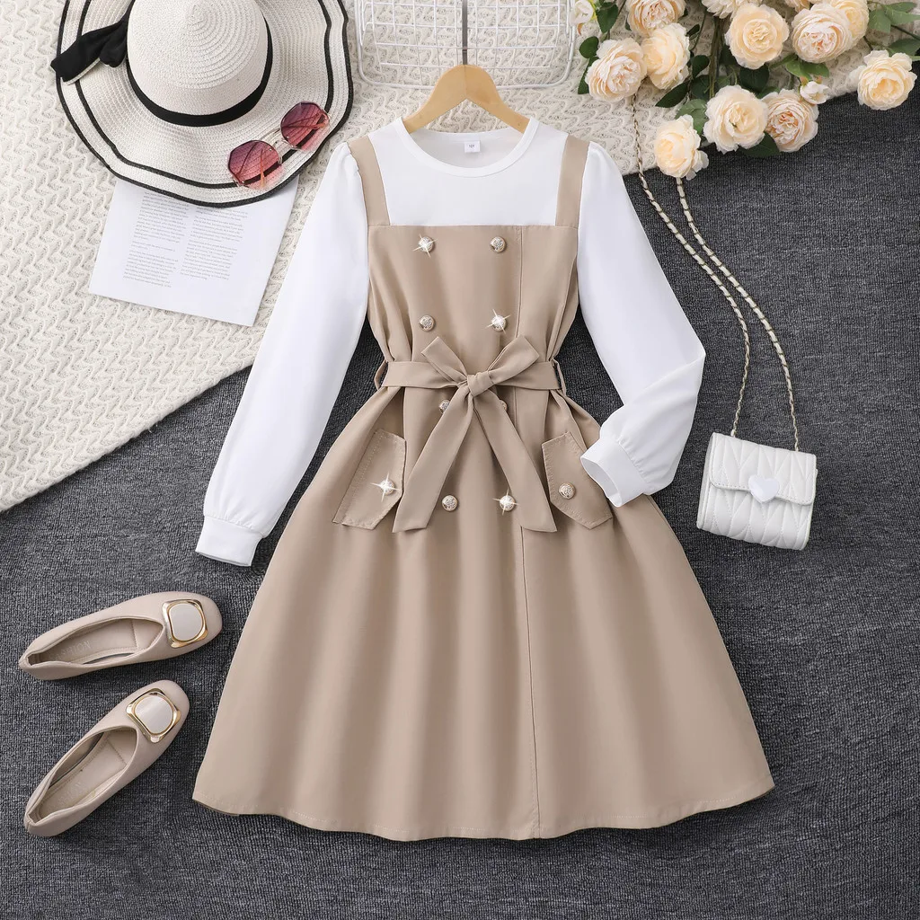 Vestido caqui escolar manga larga para niñas – Retro británico fiestas - imagen 2