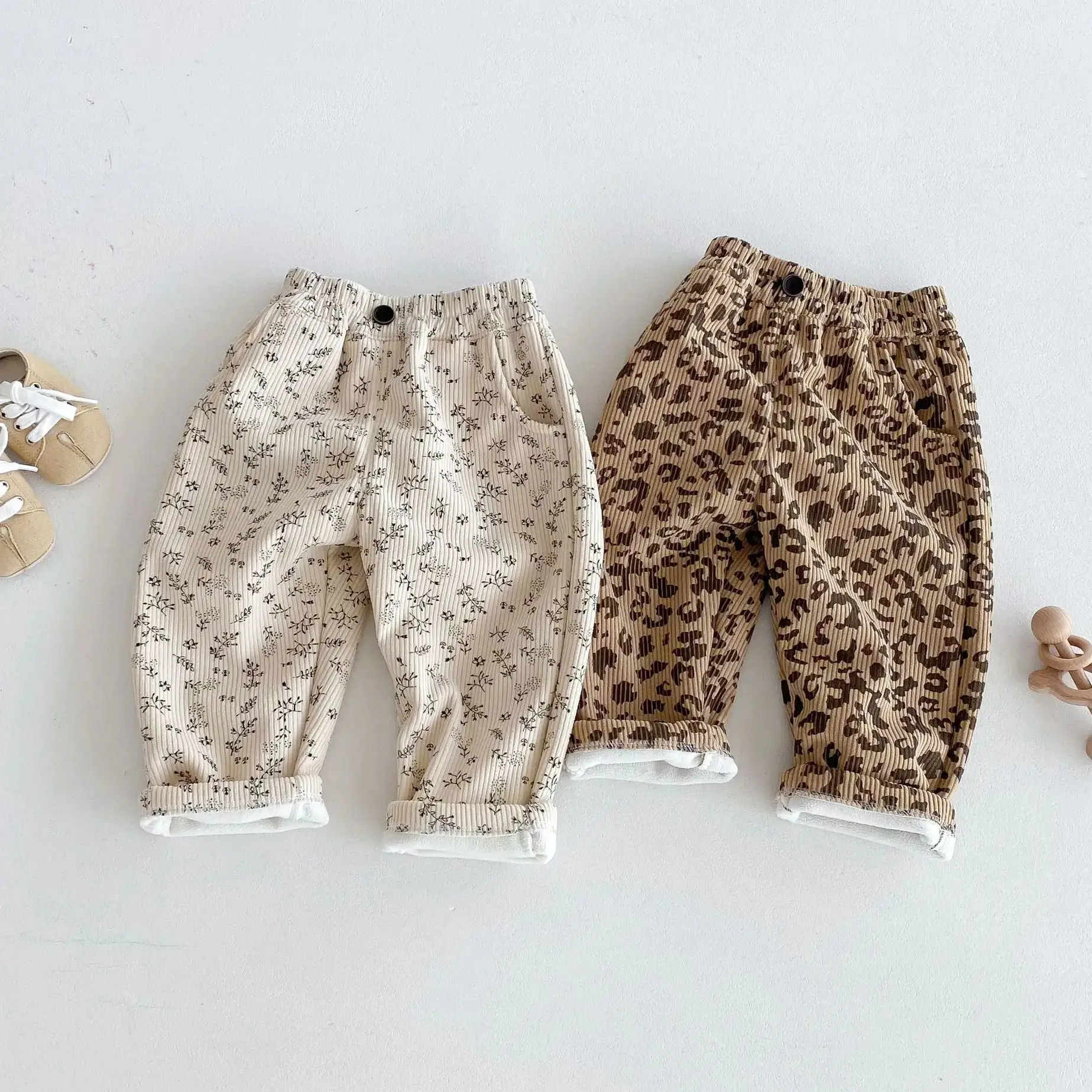 Pantalones acolchados de lana cálidos con estampado de leopardo para niños de 1 a 5 años, pantalones de invierno con estampado Floral INS para niños y niñas - imagen 3