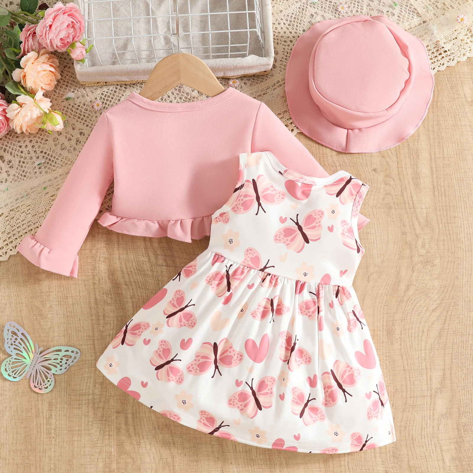 SUNSIOM 0-3 años bebé niña 2 piezas trajes de otoño vestido sin mangas con estampado de girasol + cárdigan de manga larga + conjunto de sombrero ropa para niños pequeños - imagen 4