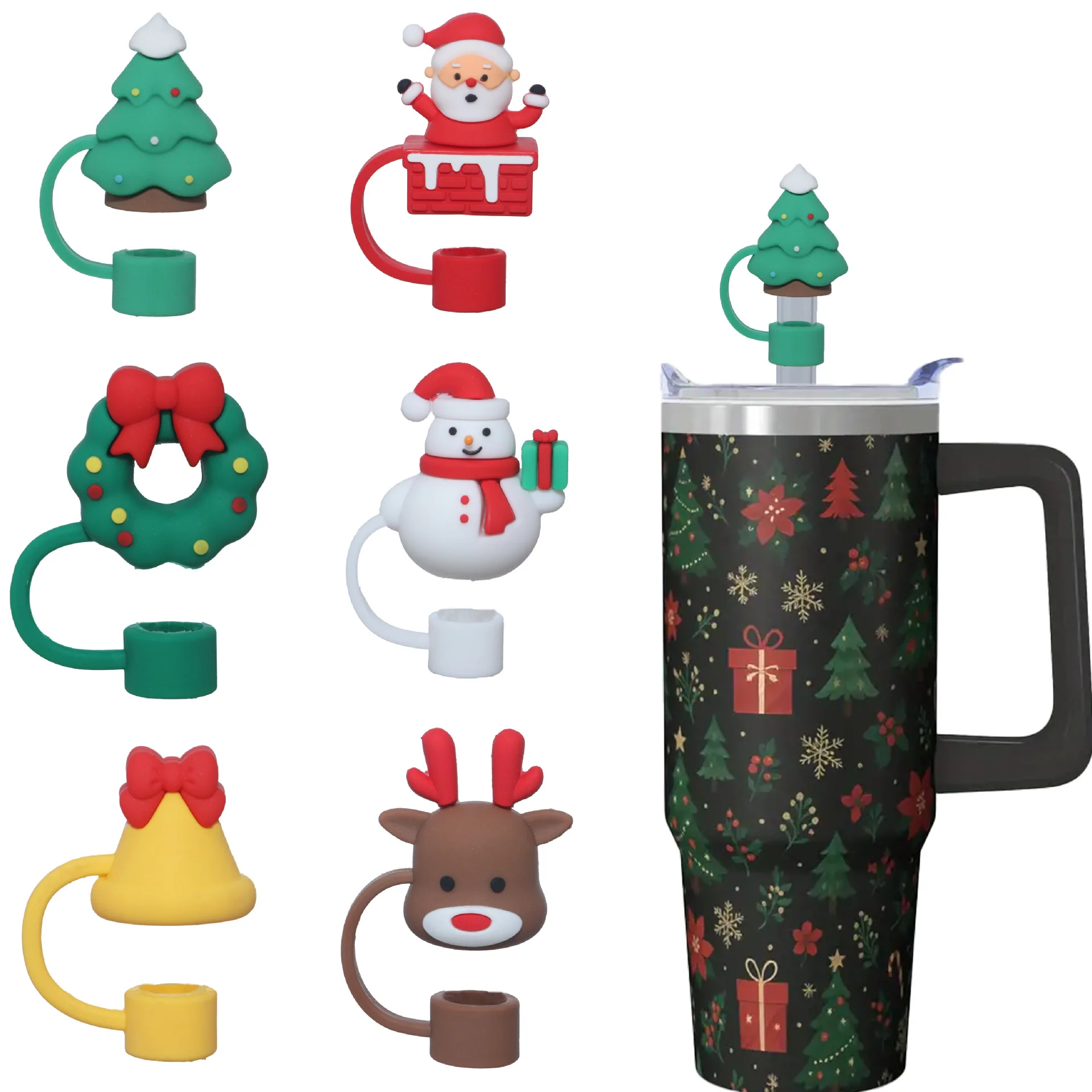 1/3/6 PCS Fundas de paja de silicona estilo navideño, lindos protectores de punta de paja de silicona reutilizables - Adecuados para Navidad, Halloween - imagen 5