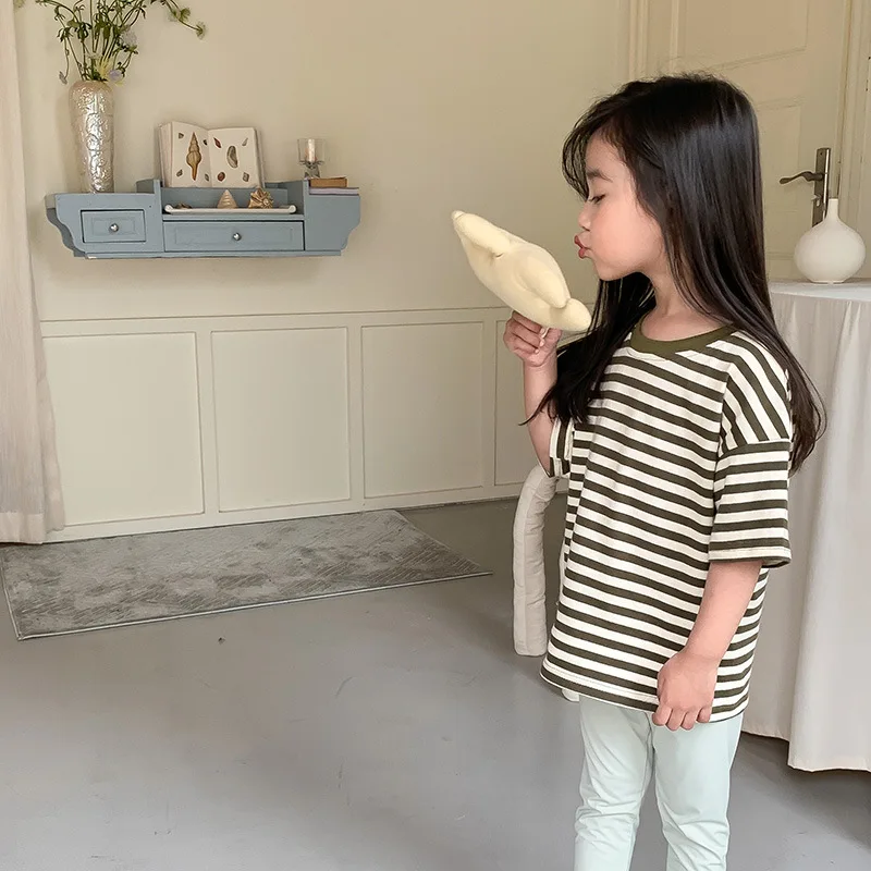 Camiseta de manga corta a rayas de verano para niños, camiseta de algodón a rayas azules, rojas, rosas y blancas para niños y niñas - imagen 4