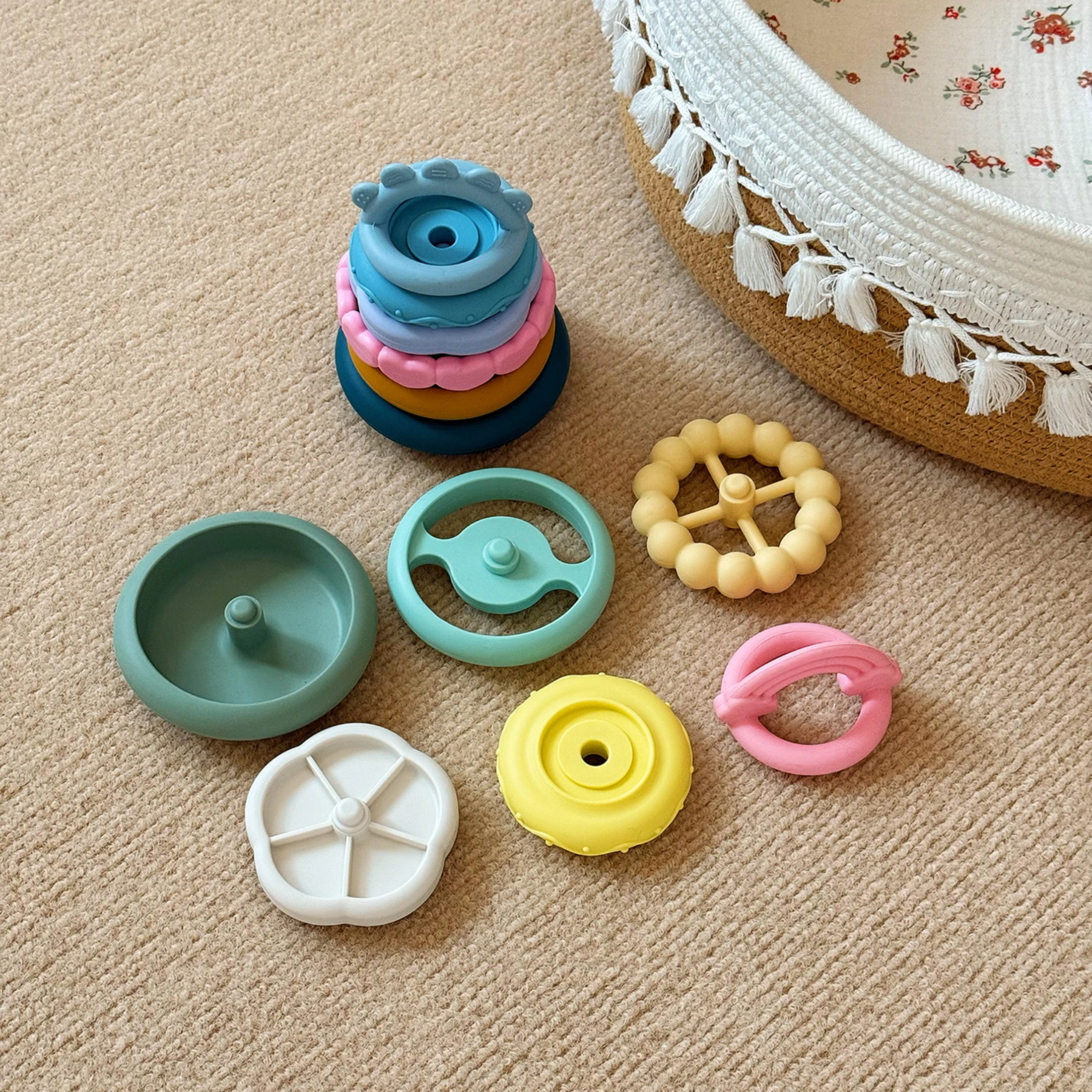 1 Juego de bloques de apilamiento de silicona para niños, juguete mordedor sin BPA, construcción suave, juguetes Montessori para bebés de 0 a 12M, juguete para masticar seguro