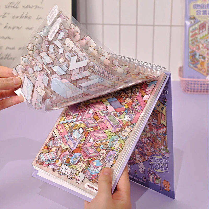 Libro de pegatinas Diorama 3D, 20 páginas, Mini escena, lindo tema de fantasmas de animales de dibujos animados, juguete para álbum de recortes DIY, divertido alivio del estrés, regalo para niños y adultos - imagen 2