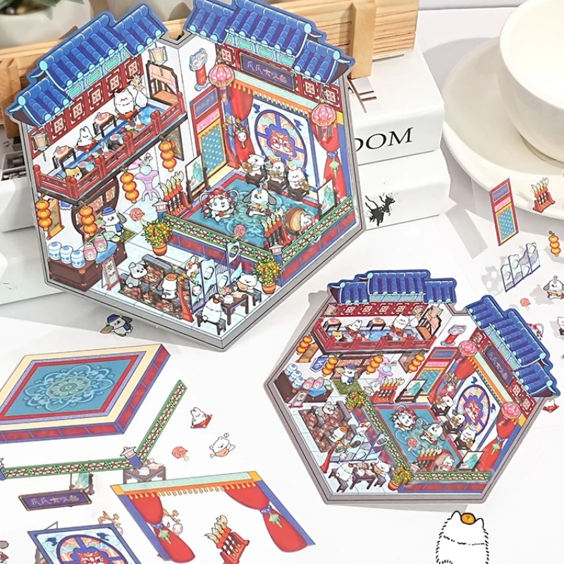 Museo Médico Antiguo Chino 3D DIY pegatinas de paisajismo pegatina de escena de cabina lindo compañero de clase para niños ﻿ Regalo de cumpleaños del festival