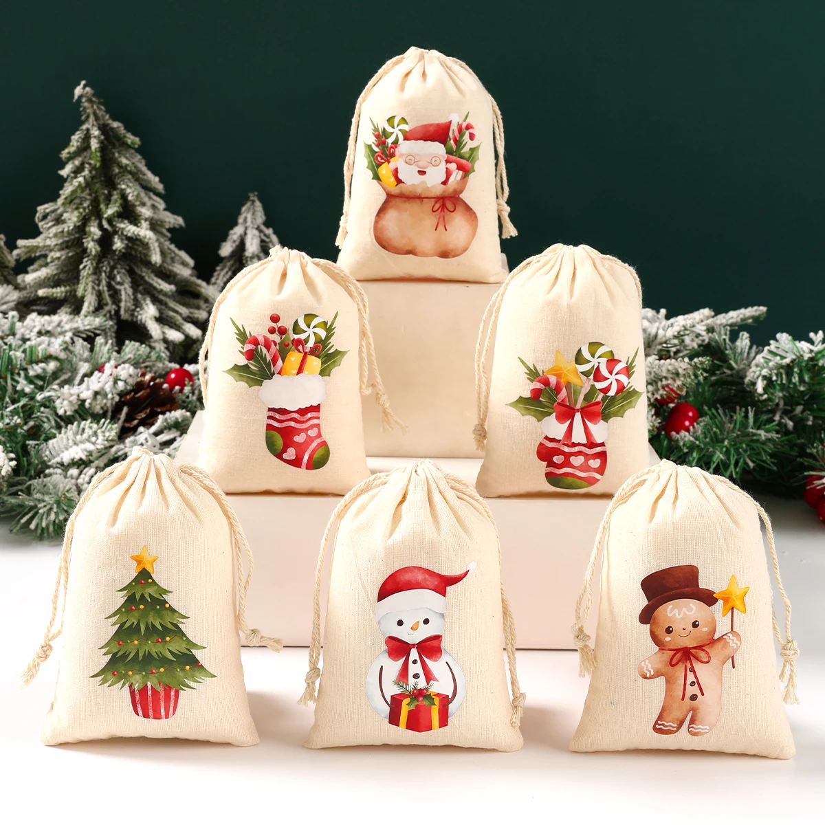 Bolsas de regalo de lino y algodón para Navidad, 6 piezas, decoraciones navideñas, embalaje de dulces, decoración de Navidad Natal y Año Nuevo, 2024, 2025 - imagen 2