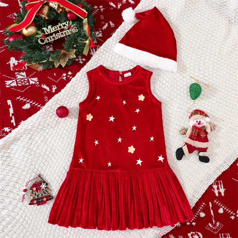 Vestido de terciopelo navideño con chaleco estrellado para niña - imagen 4