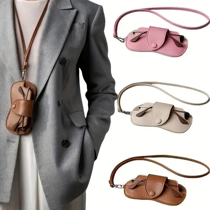Estuche para gafas de sol para hombre y mujer, traje de cuero PU, soporte para gafas colgante para el cuello, funda portátil con cordón para viajes de negocios - imagen 4