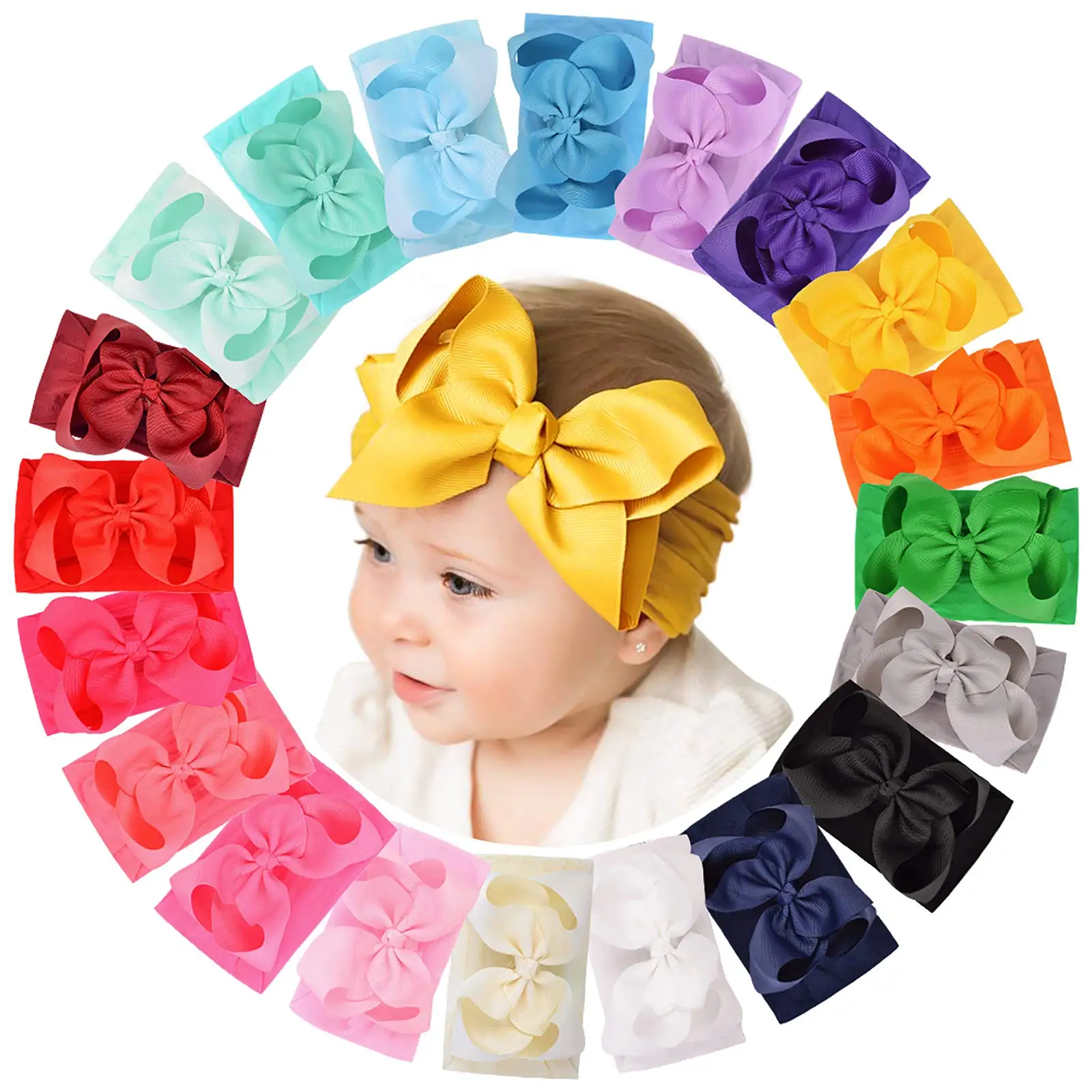 20 piezas diadema con lazo grande de 6 pulgadas para niñas, turbante de nailon ancho y dulce de Color aleatorio, accesorios suaves para el cabello para recién nacidos