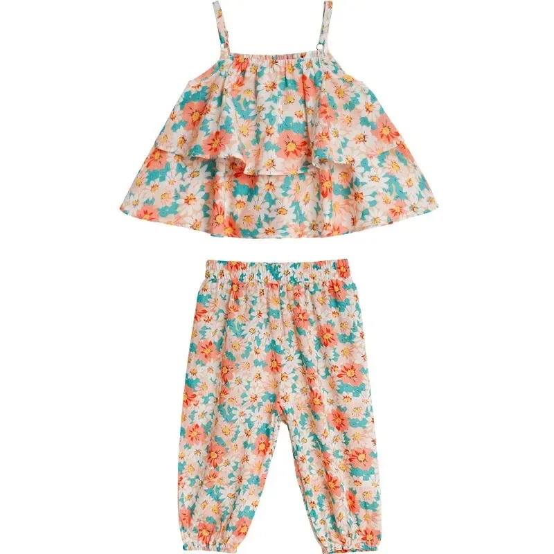 Novedad de verano, trajes para niñas, bonito chaleco Floral y pantalones antimosquitos, conjuntos de ropa para niños, traje de moda para niños - imagen 3