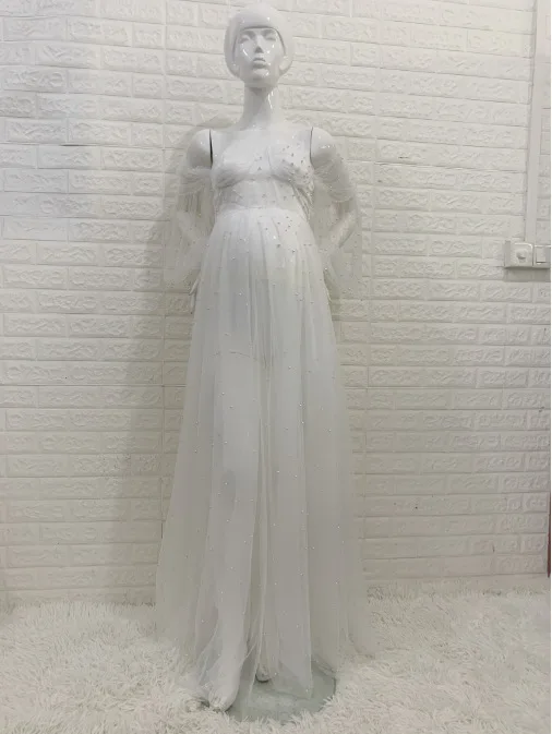 Vestido neonatal blanco con perlas para fotos de recién nacido - imagen 3