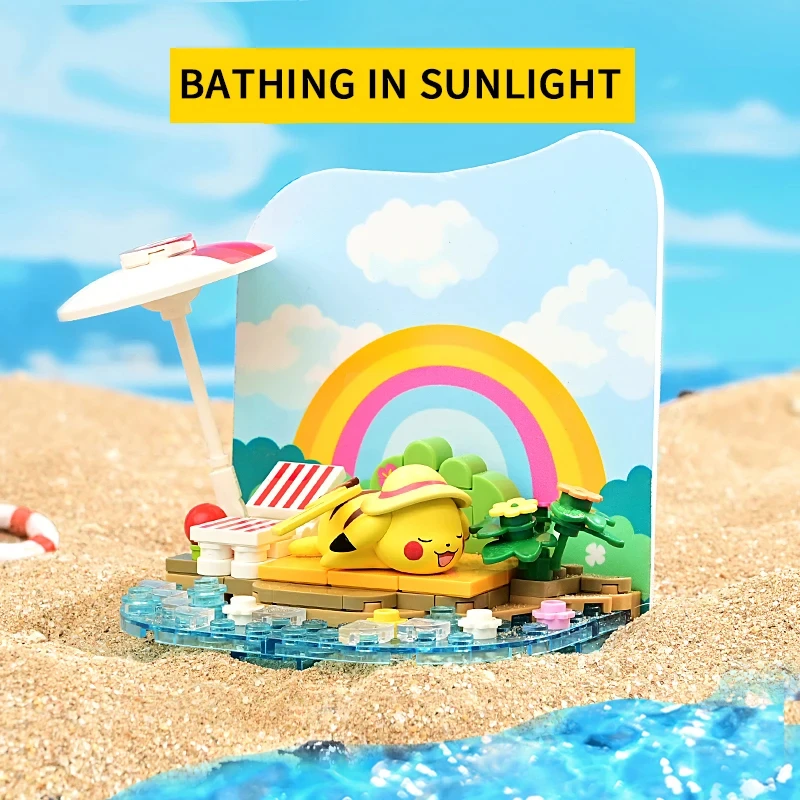 Bloques de construcción de Pokémon Pikachu Psyduck, escena temática de fiesta costera, bloques de modelismo, adornos decorativos de escritorio, juguetes DIY para niños, regalos - imagen 5
