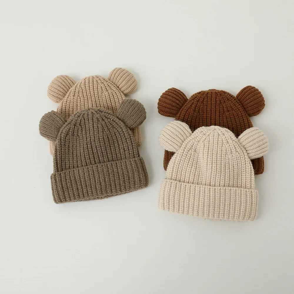 Gorros con orejas de oso cálidos de algodón para bebés y niños pequeños, gorro de ganchillo para niños y niñas, accesorios de gorro tejido cálido para otoño e invierno - imagen 3